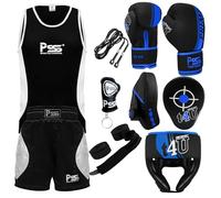 PSS Kids Boxing Set-Boxing Gloves, Uniform, Focus Pad, and Head Guard - Safe, Durable, Lightweight Equipment for Boys/Girls Youth Training, Fitness (Blue, 11-12Year/8oz)