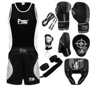 PSS Kids Boxing Set-Boxing Gloves, Uniform, Focus Pad, and Head Guard - Safe, Durable, Lightweight Equipment for Boys/Girls Youth Training, Fitness (Grey, 13-14Years/8oz)