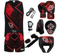 PSS Kids Boxing Set-Boxing Gloves, Uniform, Focus Pad, and Head Guard - Safe, Durable, Lightweight Equipment for Boys/Girls Youth Training, Fitness (Red, 9-10 Y / 6oz)