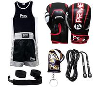 PSS Kids boxing set/boxing uniform & gloves wrist wrap/skipping rope/keychain-professional accessories kit for sparring sports kickboxing, mixed martial art 1024-Black 6oz (1024 Black, 13-14 Years)