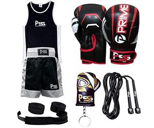 PSS Kids boxing set/boxing uniform & gloves wrist wrap/skipping rope/keychain-professional accessories kit for sparring sports kickboxing, mixed martial art 1024-Black 6oz (1024 Black, 11-12 Years)