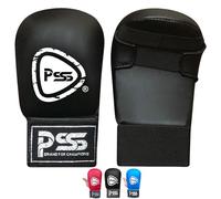 PSS Kids Karate mitt gloves for Boxing Martial Arts jab Training sparring junior pads open finger palm style Without Thumb Black Blue & Red Color 1018 (1018 Black, L)