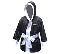 PSS Long Sleeve Boxing Robe Uniform, Kick Boxing Mixed Martial Art Muay Thai Training Robe with Hood and White Belt for Kids (910 Black, 11-12 Year)