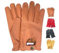 PSS Men’s leather slim fit retro style driving gloves unlined full finger perforated classic fashion design for motorbike driving riding outdoor work 508 (Tan, XL)