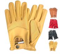 PSS Men’s leather slim fit retro style driving gloves unlined full finger perforated classic fashion design for motorbike driving riding outdoor work 508 (Yellow, XL)