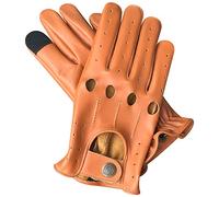 PSS Men's genuine Lightweight Cow Leather Driving Gloves-Touchscreen Unlined Full Finger Vintage Button Style Professional Racing Model 507 Black & Tan (Tan, XL)