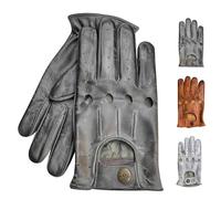 PSS Men's genuine Lightweight Waxed Cow Leather Driving Gloves Unlined Full Finger Vintage Button Style Professional Racing Model 507 (507 Light Grey, M)