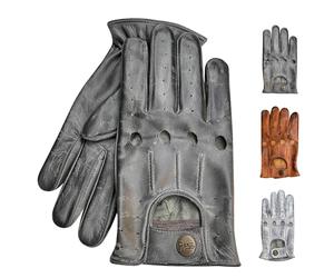 PSS Men's genuine Lightweight Waxed Cow Leather Driving Gloves Unlined Full Finger Vintage Button Style Professional Racing Model 507 (507 Light Grey, M)