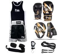 PSS Ultimate Kids Boxing 6 Pcs Set Uniform Set Vest & Short Boxing Gloves Black Punch Mitts Hand Wraps Skipping Rope Key Chain Kids Boxing Gloves and Pads Sparring Gloves - 6OZ