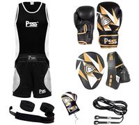 PSS Ultimate Kids Boxing 6 Pcs Set Uniform Set Vest & Short Boxing Gloves Black Punch Mitts Hand Wraps Skipping Rope Key Chain Kids Boxing Gloves and Pads Sparring Gloves - 6OZ
