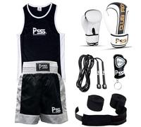 PSS Ultimate Kids Boxing Uniform Set of 5 Pieces Comfortable Student Uniform age 3-14 Years Boxing Gloves 6-OZ Free Boxing Wraps Color White & Black 1006 (1006-White-CF-6OZ, 13 - 14 Years)
