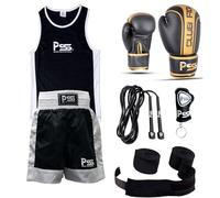 PSS Ultimate Kids Boxing Uniform Set of 5 Pieces Comfortable Student Uniform age 3-14 Years Boxing Gloves 6-OZ Free Boxing Wraps Color White & Black 1006 (1006-Black-CF-6OZ, 7-8 Years)