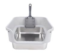Pssopp Cat Supplies Box, 43x33x17cm Open Top Kitty Litter Pan Leakproof High Sided Cat Box for Indoor MultiCats Households Stainless Steel Litter Stainless Steel (Light Gray)