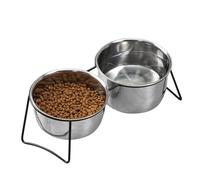 Pssopp Double Dog Bowls, 15 Degree Tilted Stainless Steel Raised Dual Pet Feeder Stand No Spill Mess Free Neck Relief for Small Medium Cats Dogs