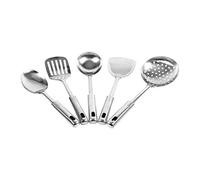 Pssopp Kitchen Utensil Set, Stainless Steel Cooking Tools Set 5 Pieces with Spoon Soup Spoon Colander Flat Shovel Spatula, Hanging Hole Handles for Home Kitchen Cooking