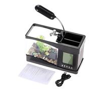 Pssopp LED USB Desktop Aquarium with Multifunctional Fish Tank Pen Container LCD Display Clock Storage Box for Home Office Decor (Black)