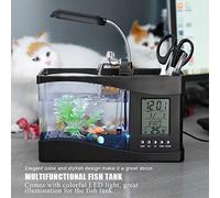 Pssopp Small Divided Fish Tank, Plastic, LCD Digital Display, LED Light, for Living Room and Office (Black)