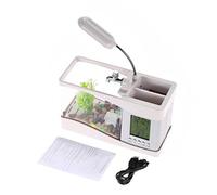 Pssopp USB Mini Aquarium Fish Tank with LCD Digital Display Clock and Colorful LED Light for Desk Decor Pen Storage (White)
