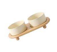 Pssopp Wooden Cat Feeding Bowl Ceramic Elevated Cat Bowls, Double Bowls Design Prevent Tipping Pet Food Water Feeder for Small Breed Dogs Cats Kitty Supplies (Double Bowl Rice White)