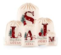 PSUNEY Personalised Santa Sack with Initial & Name Custom Monogram Alphabet Xmas Gift Bags with Drawstring Christmas Wrapping Gift Bags for Holiday Presents Xmas Eve Box Sack Bags