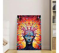 Psychedelic Abstract Mind Canvas Wall Art - Vibrant Visionary Art Print Featuring Brain Connections, Spiritual Energy Face - Colorful Decor for Meditation Room, Living Room, Office 12x16inch