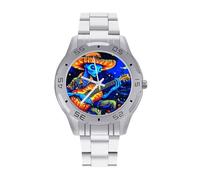 Psychedelic Aliens Playing Guitar in Moon Business Watch for Men Metal Band Watches Casual Gift Three-Hand Wrist Watch for Boyfriend Father