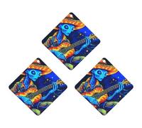 Psychedelic Aliens Playing Guitar In Moon Hanging Car Air Fresheners 3Pcs Aromatherapy Tablets Automotive Fragrance Scented Card Decor Rhombus