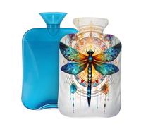 Psychedelic Art Mandala Dragonfly Hot Water Bottle with Cover, 2L PVC Hot Water Bag for Pain Relief, Hand Foot Warmer, Hot & Cold Therapy with Removable Cover, Gift for Women Kids Family
