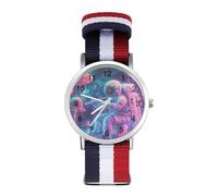 Psychedelic Astronaut Mushroom Woven Strap Watch Multicolor Wristwatch Easy Reader Analog Watches for Men Women Birthday Gift