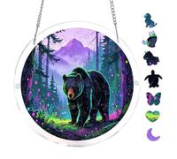 Psychedelic Bear Mountain Scene 7.8x7.8Inch Round Acrylic Hanging Puzzle | Creative Home Accent with Visual Appeal