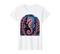 Psychedelic Bioluminescent Seahorse Aquatic Life Value Graphic T-Shirt, Women, White, L