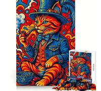 Psychedelic Cat Gentleman Smoking Pipe Art 1000 Piece Jigsaw Puzzles for Teenagers Logic Sense Toy Peaceful Fun Smooth Edge Creative Gift (50x75cm)