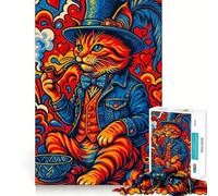 Psychedelic Cat Gentleman Smoking Pipe Art 1000 Piece Jigsaw Puzzles for Teenagers Logic Sense Toy Peaceful Fun Smooth Edge Creative Gift (50x75cm)