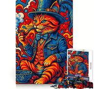 Psychedelic Cat Gentleman Smoking Pipe Art 1000 Pieces Jigsaw Puzzles for Teenagers Cognitive Toy Gentle Leisure Pattern Assembly Fine Art Piece (38x26cm)