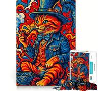Psychedelic Cat Gentleman Smoking Pipe Art 1000 Pieces Jigsaw Puzzles for Teenagers Cognitive Toy Gentle Leisure Pattern Assembly Fine Art Piece (38x26cm)