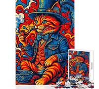 Psychedelic Cat Gentleman Smoking Pipe Art Jigsaw Puzzles 1000 Piece for Adults Enhance Focus for Better Performance Quiet Soothing Playtime Fun (50x75cm)