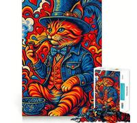 Psychedelic Cat Gentleman Smoking Pipe Art Jigsaw Puzzles 1000 Pieces for Teenagers Strong Logic Toy Home Activity Clear Edge Cherished Gift (38x52cm)