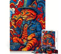 Psychedelic Cat Gentleman Smoking Pipe Art Jigsaw Puzzles 1000 Pieces for Teenagers Strong Logic Toy Home Activity Clear Edge Cherished Gift (38x52cm)