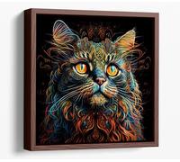 Psychedelic Cat Portrait Canvas Floater Frame Square Print Picture Art - Walnut Frame 16 inch wide x 16 inch high