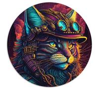 Psychedelic Cat Warrior Cardboard Round Puzzles 1000 Piece Jigsaw Puzzles for Adults Challenging Brain Teaser for Teenagers,Family Fun Interactive Game 67.5x67.5cm