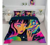 Psychedelic Dragon Starry Sky Heart Duvet, Coverless Duvet King 7.5 Tog, Reversible Anime Girl Comeforter Set for All Season, Soft Lightweight Machine Washable Black Quilt 240x220cm