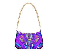 Psychedelic Ethnic Elephant Purple Tote Handbag Womens Shoulder Handbag Aesthetic Zipper Classic Formal Purse Hobo with Chain Strap
