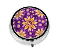 Psychedelic Geometric Flowers Round Pill Box with 3 Compartments, Mini Metal Pill Organizer for Purse or Pocket, Lightweight Portable for Daily Use Gifts Travel