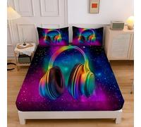 Psychedelic Headphones Fitted Sheet 180×200 Cm, Hotel Quality Starry Sky Ultra Soft & Breathable Brushed Microfiber Deep Pocket 30 Cm, Cooling Fitted Sheet For Super King Bed (Mixed Colors)