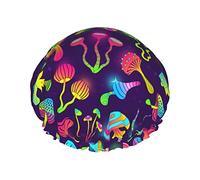 Psychedelic Magic Glowing Mushroom Shower Cap Women Reusable Long Hair Caps With Elastic Band Double Layer Bathing Shower Hat For Adults Kids