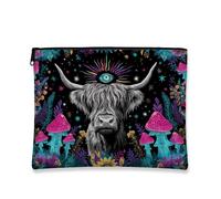 Psychedelic Makeup Bag, Mystical Highland Cow Cosmic Travel Cosmetic Zipper Pouch for Women, Festival Gift Portable Organizer Skincare Toiletry Bag, Fall Accessories, Black, 7x9 Inch, Cow