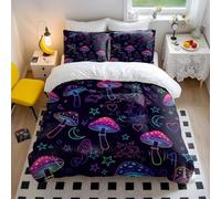 Psychedelic Mushroom Neon Duvet Cover Set, Magical Star and Moon Pattern, 3 Piece Bedding Set for Couples (01,Single + 50 x 75cm x2)