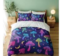 Psychedelic Mushroom Neon Duvet Cover Set, Magical Star and Moon Pattern, 3 Piece Bedding Set for Couples (05,Double + 80 x 80cm x2)