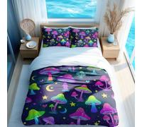 Psychedelic Mushroom Neon Duvet Cover Set, Magical Star and Moon Pattern, 3 Piece Bedding Set for Couples (02,Double + 50 x 75cm x2)