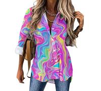 Psychedelic Neon Womens Blouses Hawaiian Button Down Womens Tops Long Sleeve Shirts Tees S
